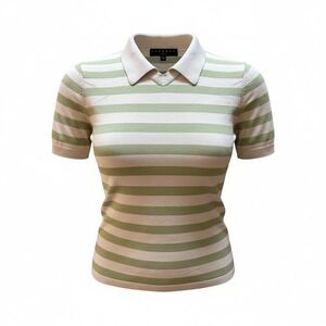 Cadence Silk Polo Top Women Medium Green Stripe Luxury Old Money Light Academia